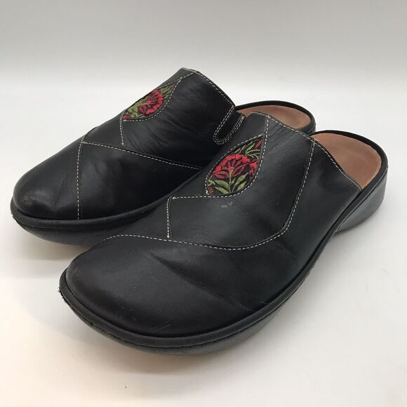 Naot Black Leather Clogs Women's 7 Embroidered Floral Slip On Mules Comfort Shoe - Picture 4 of 12
